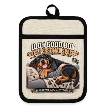 Rottweiler Cozy auf Sofa - Topflappen mit Gummirückseite - Leinen/Schwarz  - Vorne