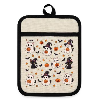 Cutes Halloween-Katzen-Muster - Topflappen mit Gummirückseite - Leinen/Schwarz  - Vorne