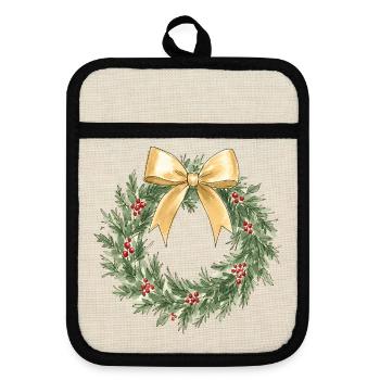 Eleganter goldener Weihnachtskranz mit Schleife - Topflappen mit Gummirückseite - Leinen/Schwarz  - Vorne
