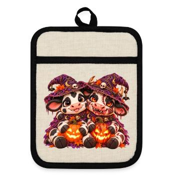 Halloween-Kuh-Umarmung (Yin Yang) - Topflappen mit Gummirückseite - Leinen/Schwarz  - Vorne