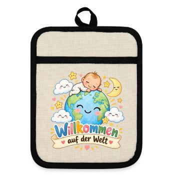 Willkommen auf der Welt Baby - Topflappen mit Gummirückseite - Leinen/Schwarz  - Vorne