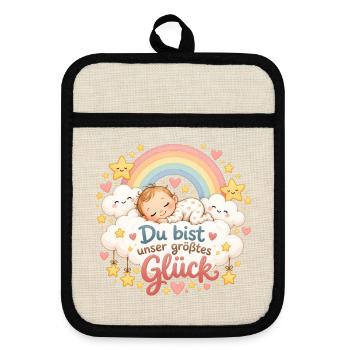 Unser größtes Glück – Baby Regenbogen - Topflappen mit Gummirückseite - Leinen/Schwarz  - Vorne