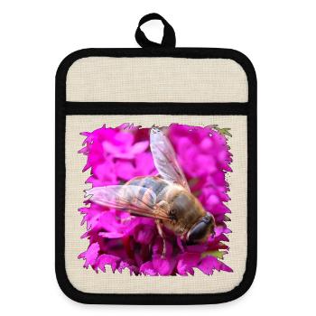 Blütenbiene oder Drohne auf pinker Blüte - Topflappen mit Gummirückseite - Leinen/Schwarz  - Vorne