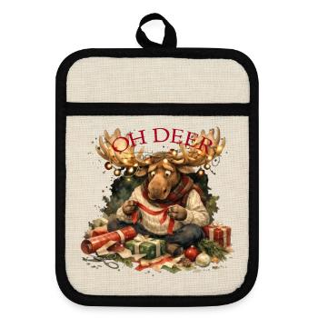 Oh Deer Weihnachtsmoose Geschenk - Topflappen mit Gummirückseite - Leinen/Schwarz  - Vorne