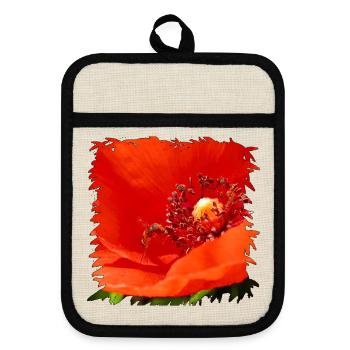 Roter Mohn mit getarnter Schwebfliege - Topflappen mit Gummirückseite - Leinen/Schwarz  - Vorne