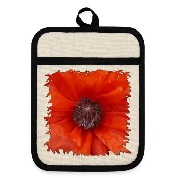 Orangerot Mohnblüte Nahaufnahme - Topflappen mit Gummirückseite - Leinen/Schwarz  - Vorne