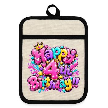 Herzlichen Glückwunsch zum 4. Geburtstag Pink Graffiti Girl Party T-Shirt - Topflappen mit Gummirückseite - Leinen/Schwarz  - Vorne