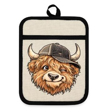 Lustiger Highland Cow Trucker Cap Farm Tier Humor - Topflappen mit Gummirückseite - Leinen/Schwarz  - Vorne
