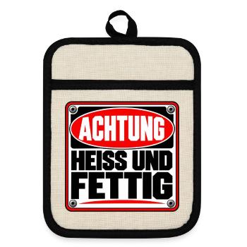 Achtung heiß und fettig – Lustiges Warnschild - Topflappen mit Gummirückseite - Leinen/Schwarz  - Vorne