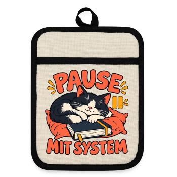 Pausenkatze – Pause mit System - Topflappen mit Gummirückseite - Leinen/Schwarz  - Vorne