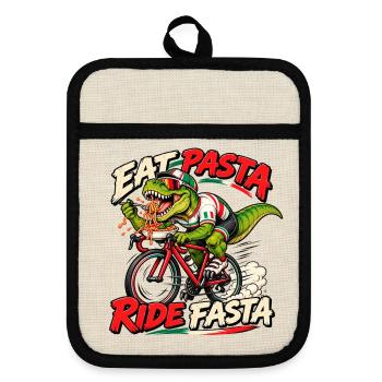 Eat Pasta Ride Fasta – Rennrad T-Rex - Topflappen mit Gummirückseite - Leinen/Schwarz  - Vorne