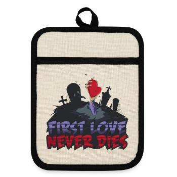 First Love Never Dies - Zombie Hand mit Herz - Topflappen mit Gummirückseite - Leinen/Schwarz  - Vorne