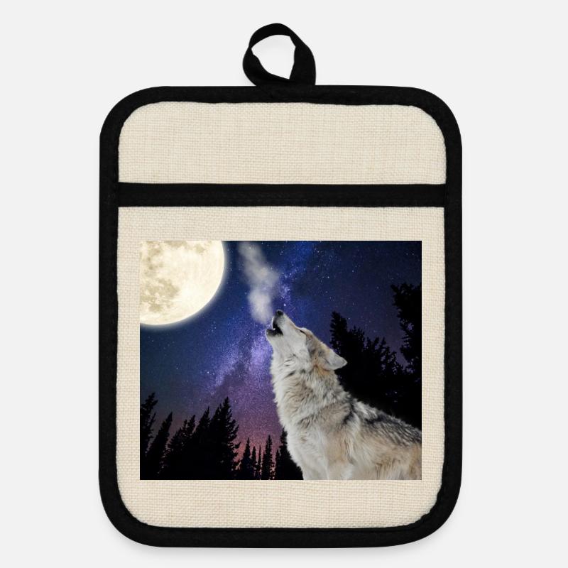 Wolf Howling At The Moon / Wolf Moon Night Sky Sta - Pot holders with rubber back - linen/black 