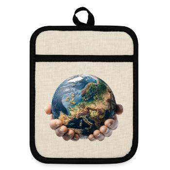 Earth in Hands: Global Responsibility - Pot holders with rubber back - linen/black  - Front