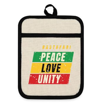 Rastafari Peace Love Unity – Rot Gold Grün - Topflappen mit Gummirückseite - Leinen/Schwarz  - Vorne