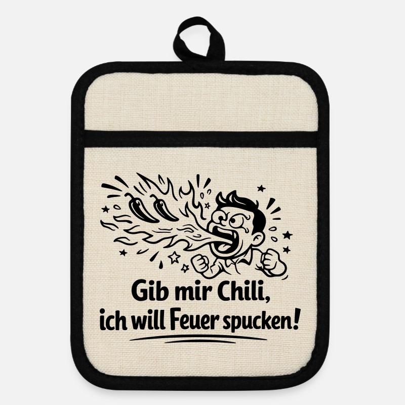 Fire Spitting Eating Chili - Pot holders with rubber back - linen/black 