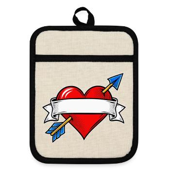 Herz mit Pfeil Pop Art Banner - Topflappen mit Gummirückseite - Leinen/Schwarz  - Vorne