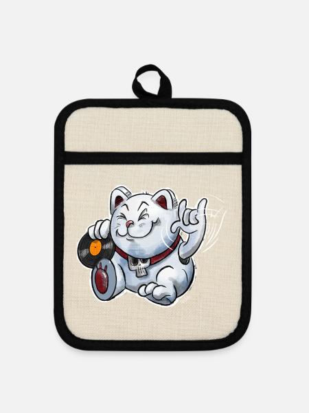 Heavy Metal Maneki-Neko (Winkekatze) - Topflappen mit Gummirückseite - Leinen/Schwarz 