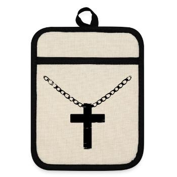 Kreuz mit Kette used look - Topflappen mit Gummirückseite - Leinen/Schwarz  - Vorne