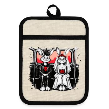 Bunny Punk Serie: Häschen Hochzeit Gothic - Topflappen mit Gummirückseite - Leinen/Schwarz  - Vorne