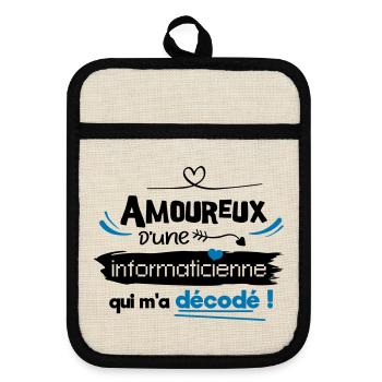 Amoureux d'une informaticienne ! humour geek - Maniques avec dos en caoutchouc - lin/noir  - Devant