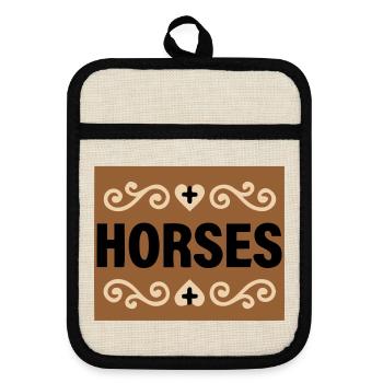 Horses Lettering Retro Riding - Pot holders with rubber back - linen/black  - Front