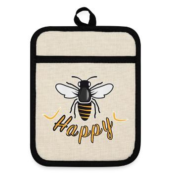 Happy bee with 'Happy' lettering - Pot holders with rubber back - linen/black  - Front