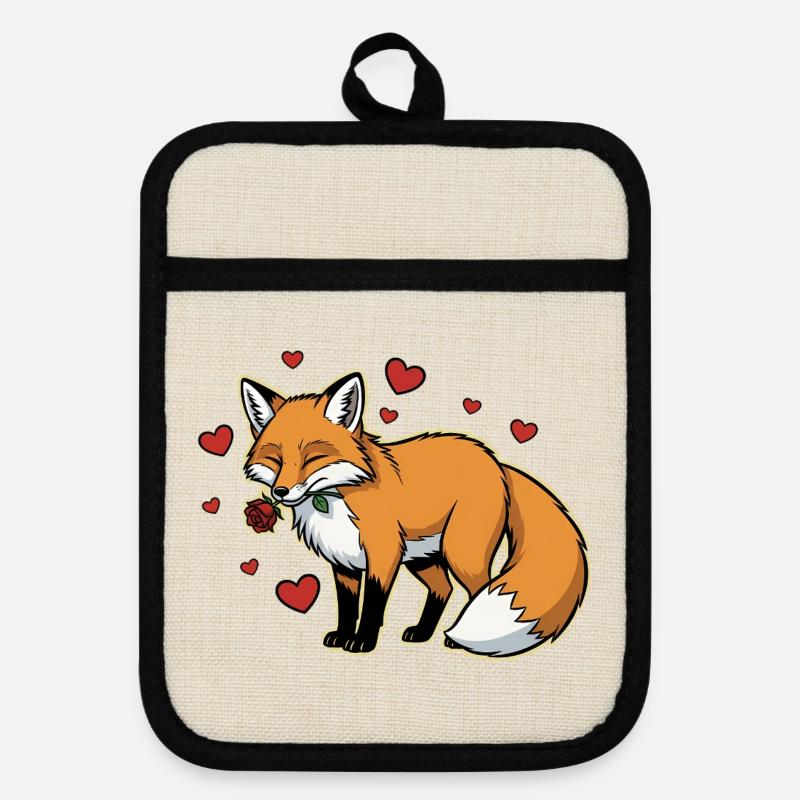 Romantic Fox with Rose - Pot holders with rubber back - linen/black 