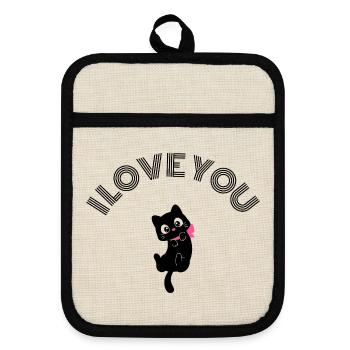 Cute Black Cat I Love You Retro Pink Bow Valentine - Pot holders with rubber back - linen/black  - Front