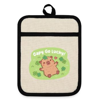 Niedlicher Capy Go Lucky Capybara Vierblattklee-Patch - Topflappen mit Gummirückseite - Leinen/Schwarz  - Vorne