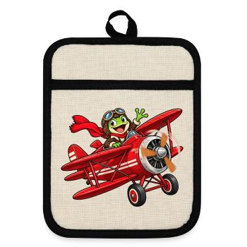 Frosch Pilot im roten Flugzeug roter Baron - Topflappen mit Gummirückseite - Leinen/Schwarz  - Vorne