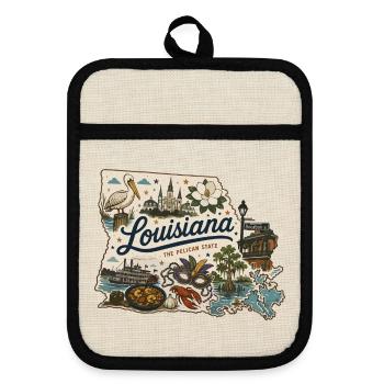 Louisiana Pelican State Vintage Reiseaufkleber - Topflappen mit Gummirückseite - Leinen/Schwarz  - Vorne