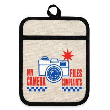 Fotografie – My Camera Files Complaints - Topflappen mit Gummirückseite - Leinen/Schwarz  - Vorne