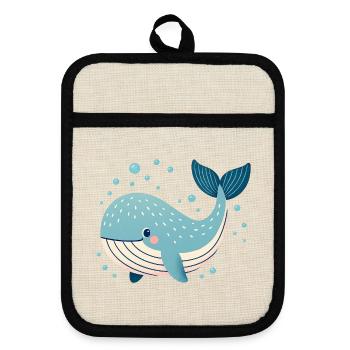 Blue Whale with Bubbles - Pot holders with rubber back - linen/black  - Front