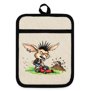 Punk Hase mit Rasenmäher gegen Maulwurf - Topflappen mit Gummirückseite - Leinen/Schwarz  - Vorne
