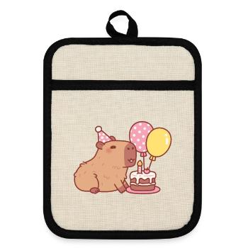 Niedliches Kapibara mit Geburtstagskuchen und Luftballons - Topflappen mit Gummirückseite - Leinen/Schwarz  - Vorne