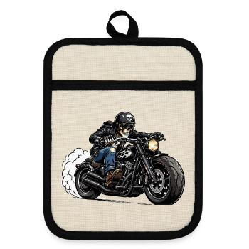 Skull Biker auf Chrome-Motorrad - Topflappen mit Gummirückseite - Leinen/Schwarz  - Vorne