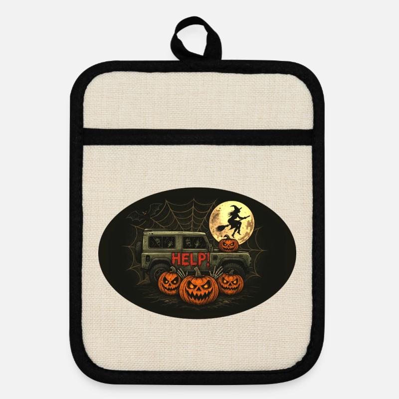 Halloween Defender with Pumpkins and Witch - Pot holders with rubber back - linen/black