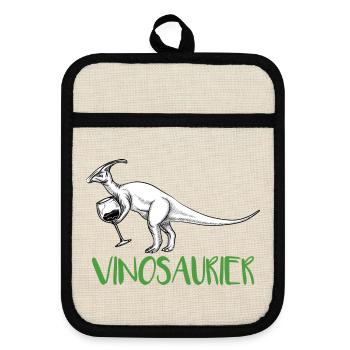 Vinosaurier – lustiges Weinmotiv - Topflappen mit Gummirückseite - Leinen/Schwarz  - Vorne