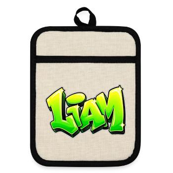 LIAM Graffiti-Name: Das Geschenk, das den Kopf umhaut! - Topflappen mit Gummirückseite - Leinen/Schwarz  - Vorne