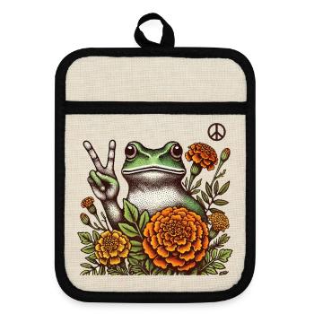 Grenouille paisible dans la fleur de souci - Maniques avec dos en caoutchouc - lin/noir  - Devant