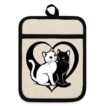 ❤ 🐱 Gatti Innamorati – Amore felino con cuore 2 - Topflappen mit Gummirückseite - Leinen/Schwarz  - Vorne