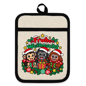 Weihnachts Affen - Topflappen mit Gummirückseite - Leinen/Schwarz  - Vorne