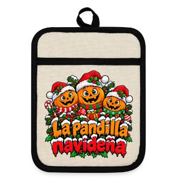 Die Weihnachtskürbis-Gang - Topflappen mit Gummirückseite - Leinen/Schwarz  - Vorne