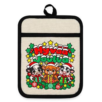 Frohe Weihnachten, süße Schweine - Topflappen mit Gummirückseite - Leinen/Schwarz  - Vorne