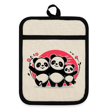 Pandas Family - 1 parent 2 children - Pot holders with rubber back - linen/black  - Front