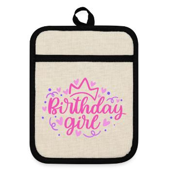 Birthday Girlie with Crown Heart Confetti - Pot holders with rubber back - linen/black  - Front