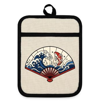 Japanischer Fächer Wellen Koi Fisch Vektor Shirt - Topflappen mit Gummirückseite - Leinen/Schwarz  - Vorne