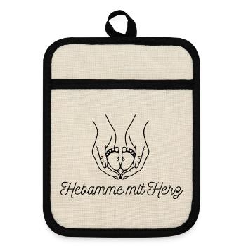 Hebamme mit Herz - personalisierbares Design - Topflappen mit Gummirückseite - Leinen/Schwarz  - Vorne
