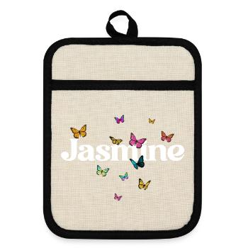Beautiful girl's name with butterflies JASMINE - Pot holders with rubber back - linen/black  - Front
